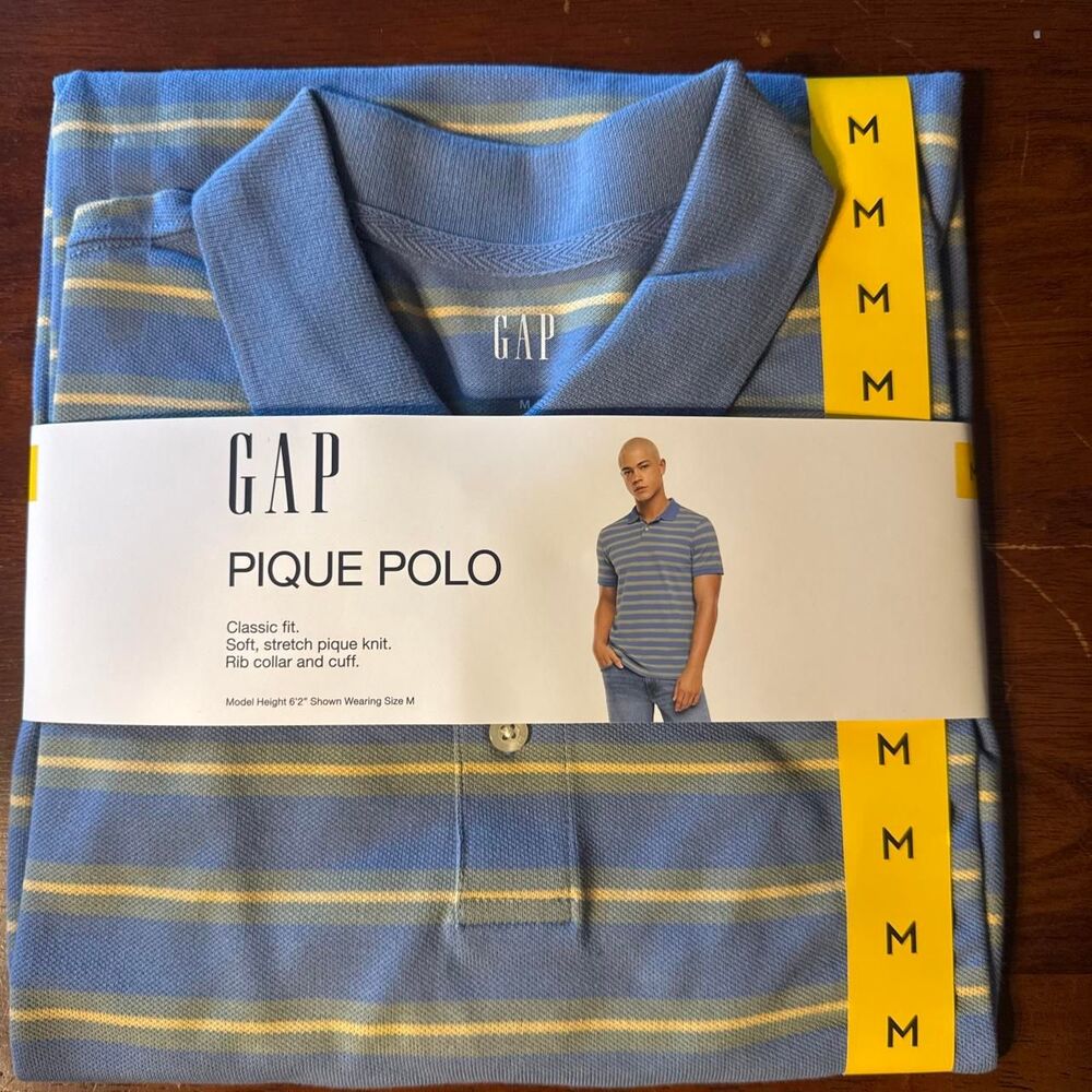 Men's Gap Pique Polo Shirt Medium Blue and Yellow Striped Classic Fit